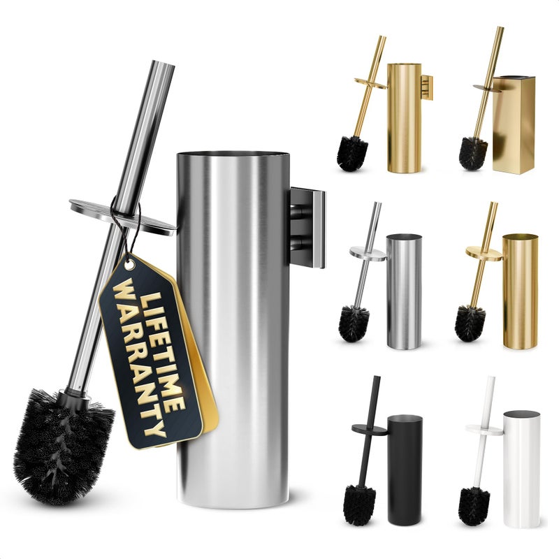 NOVSIX Silver Modern Toilet Brush and Holder Set with Wall Mount - Stainless Steel Toilet Brush with Holder - Removable Inner Bowl  Shiny Design  Splash Protection & Dense Bristles for Bathroom Cleaning - Image 1
